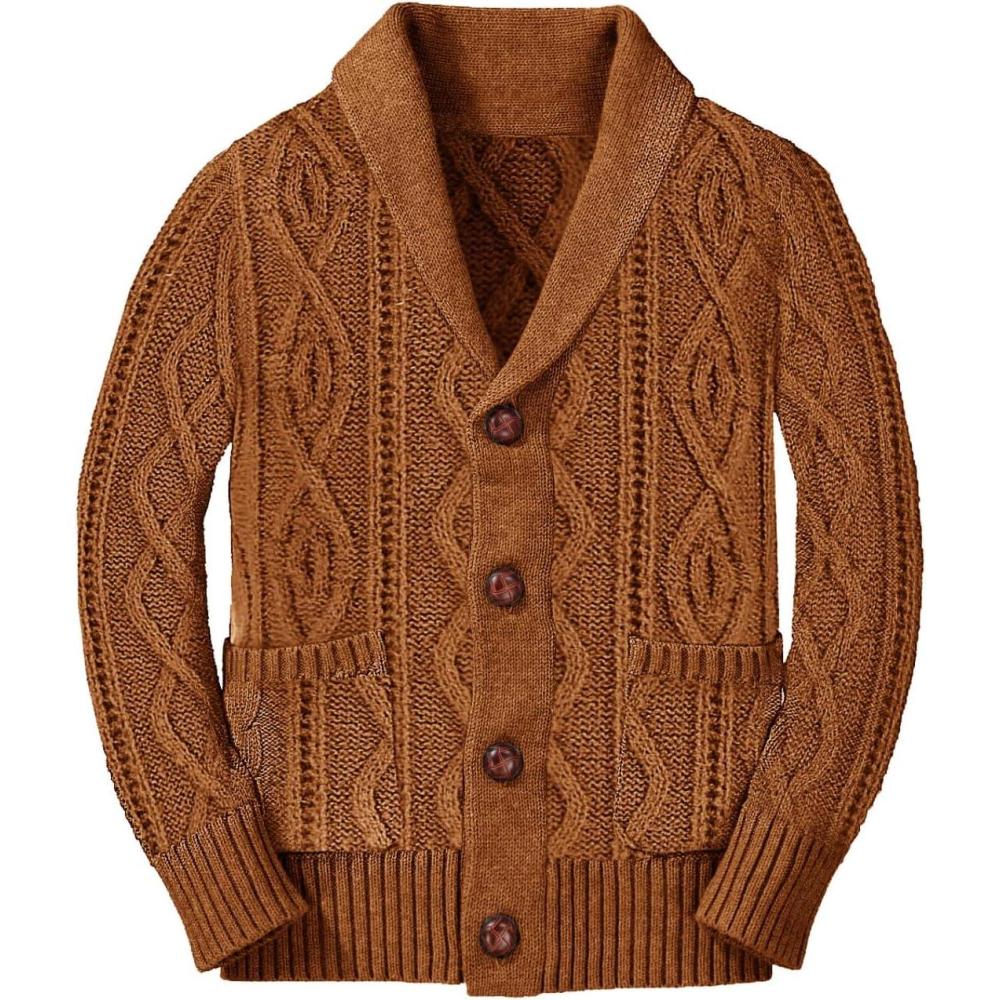 imageBoys Sweater Cardigan Button Down Shawl Collar Cable Knitted Outwear Long Sleeve Sweater Coats with PocketsCoffee