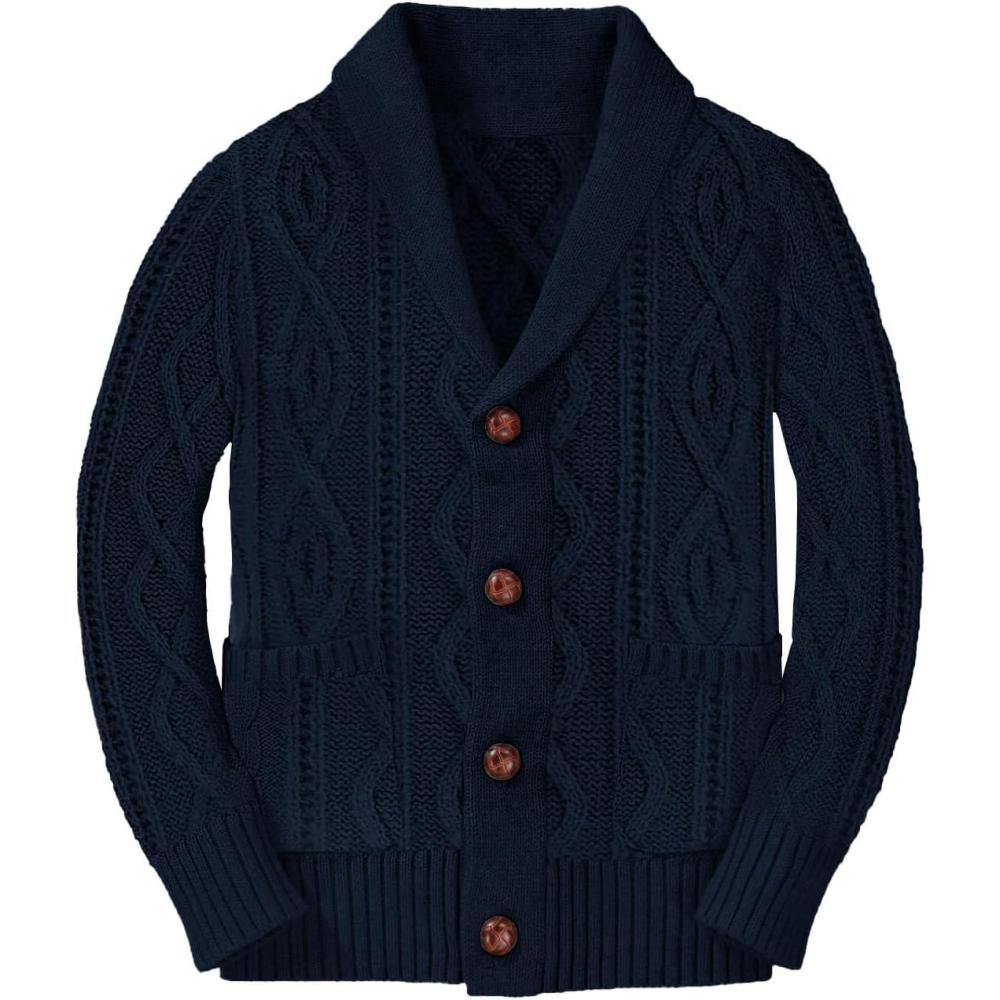 imageBoys Sweater Cardigan Button Down Shawl Collar Cable Knitted Outwear Long Sleeve Sweater Coats with PocketsDark Blue