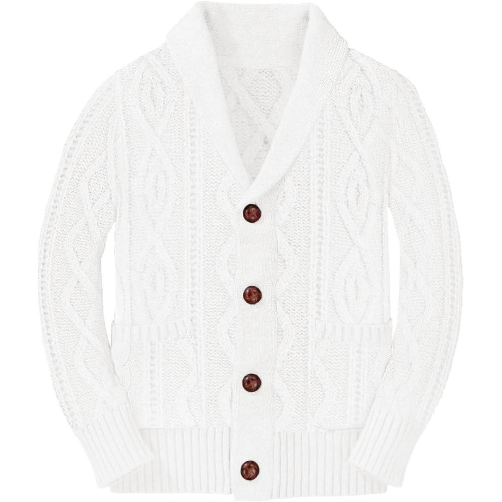 imageBoys Sweater Cardigan Button Down Shawl Collar Cable Knitted Outwear Long Sleeve Sweater Coats with PocketsWhite
