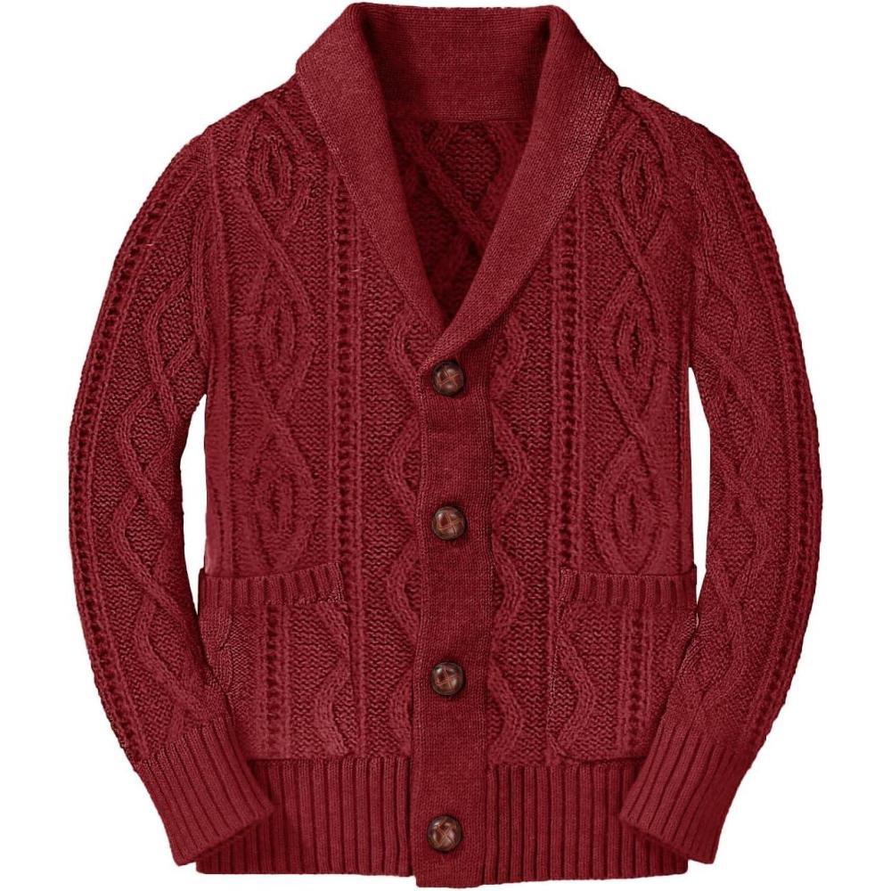 imageBoys Sweater Cardigan Button Down Shawl Collar Cable Knitted Outwear Long Sleeve Sweater Coats with PocketsWine Red
