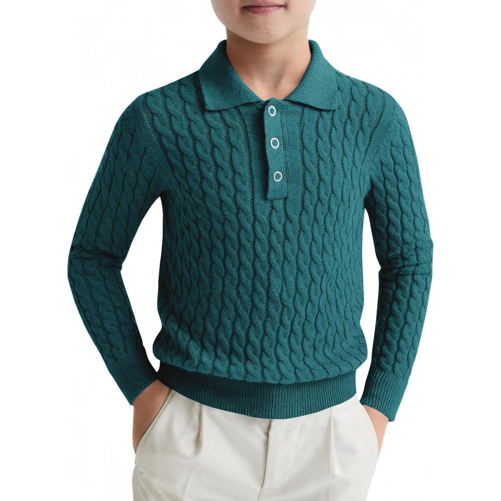imageHaloumoning Boys Cable Knit Polo Shirt Kids Long Sleeve Sweater Fall Fashion Clothes 514 YearsGreen