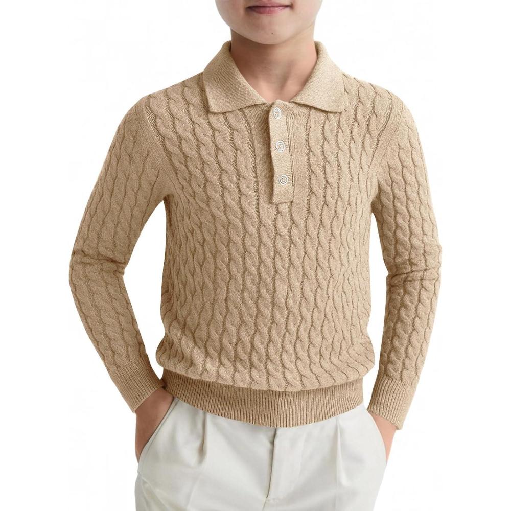 imageHaloumoning Boys Cable Knit Polo Shirt Kids Long Sleeve Sweater Fall Fashion Clothes 514 YearsKhaki