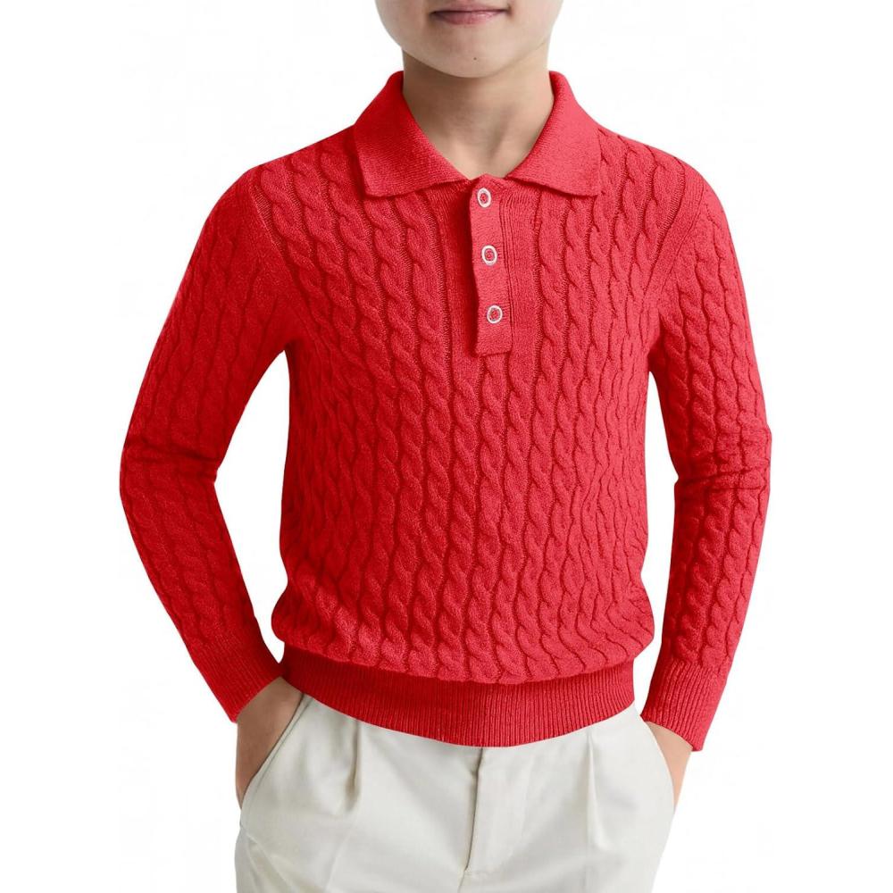 imageHaloumoning Boys Cable Knit Polo Shirt Kids Long Sleeve Sweater Fall Fashion Clothes 514 YearsRed
