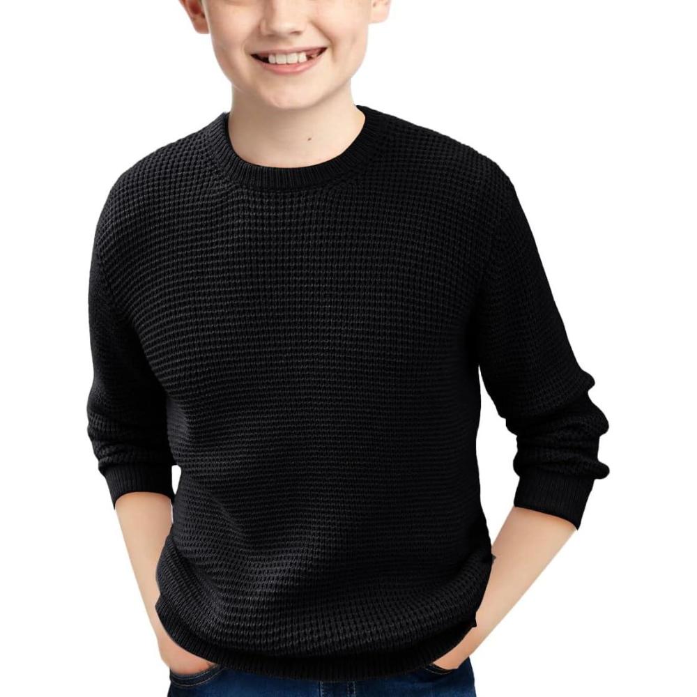 imageHaloumoning Boys Casual Pullover Sweaters Kids Chunky Crewneck Waffle Knit Jumper Tops 414 YearsBlack