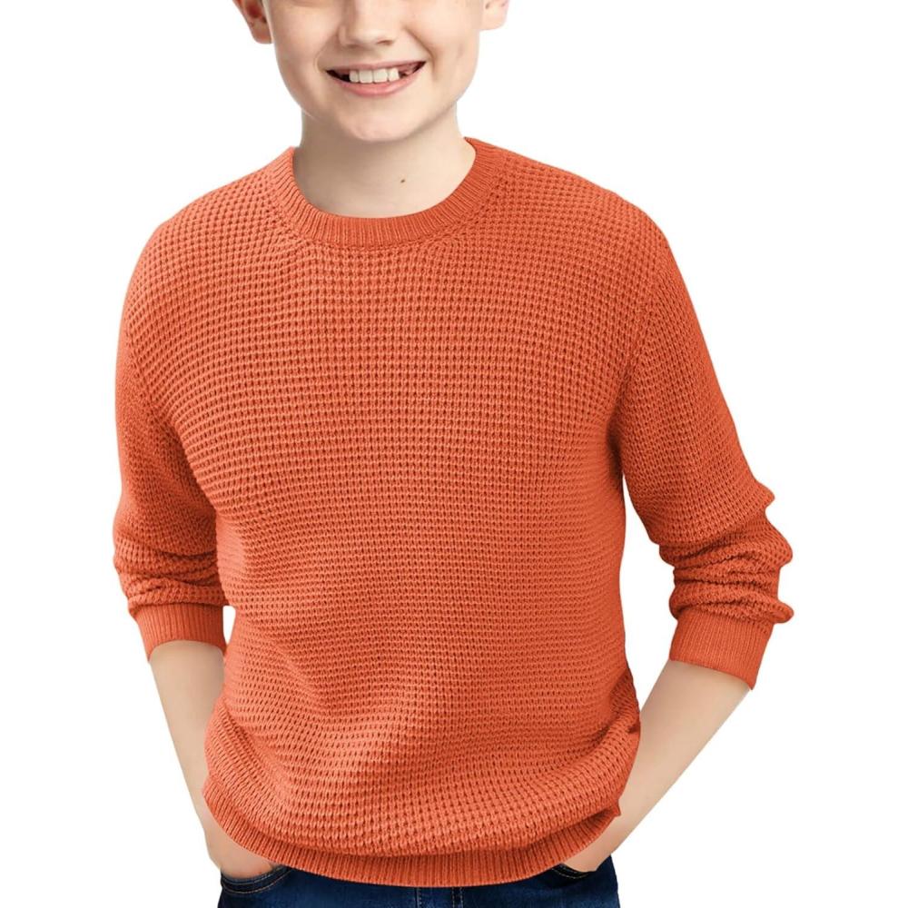 imageHaloumoning Boys Casual Pullover Sweaters Kids Chunky Crewneck Waffle Knit Jumper Tops 414 YearsDark Orange