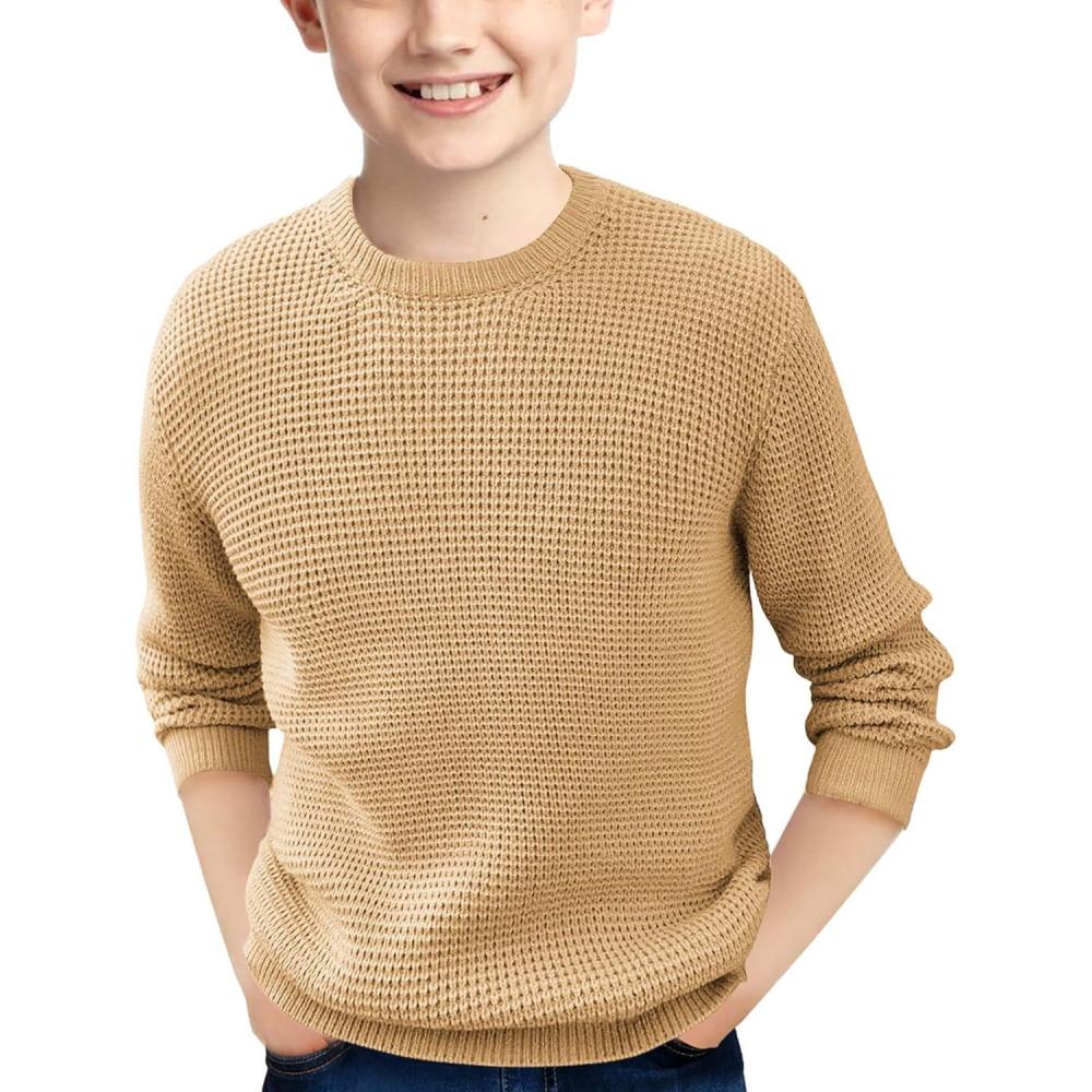 imageHaloumoning Boys Casual Pullover Sweaters Kids Chunky Crewneck Waffle Knit Jumper Tops 414 YearsKhaki