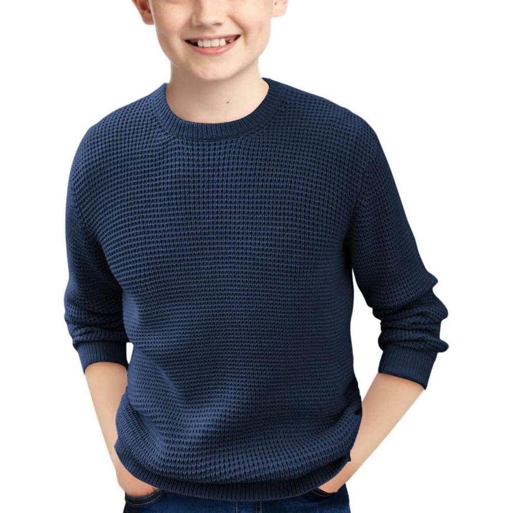 imageHaloumoning Boys Casual Pullover Sweaters Kids Chunky Crewneck Waffle Knit Jumper Tops 414 YearsNavy