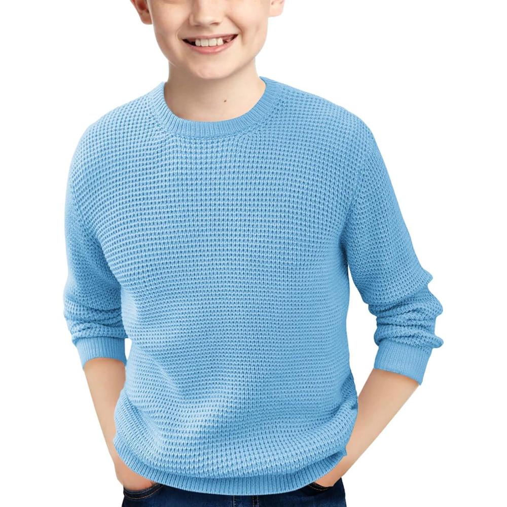 imageHaloumoning Boys Casual Pullover Sweaters Kids Chunky Crewneck Waffle Knit Jumper Tops 414 YearsSky Blue