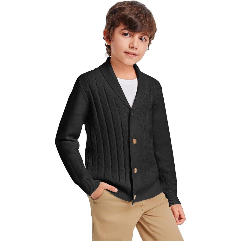 imageHaloumoning Boys Shawl Collar Cardigan Sweater Kids Long Sleeve Cable Knitted Outwear Sweater 414 YearsBlack
