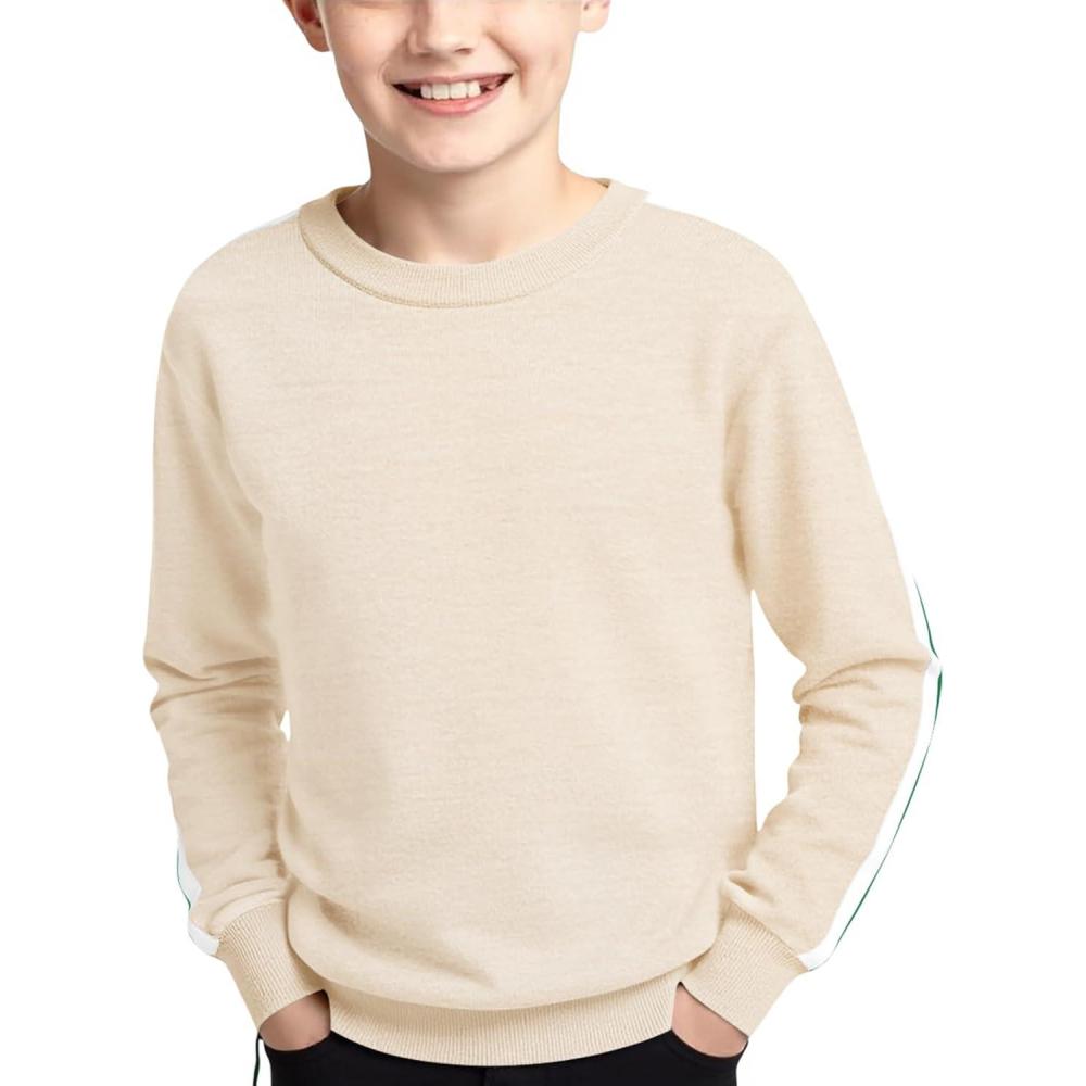 imageHaloumoning Boys Striped Long Sleeve Sweater Kids Fashion Crewneck Knit Pullover Fall Clothes 514YBeige