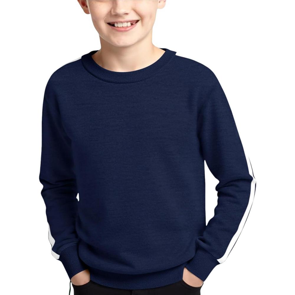 imageHaloumoning Boys Striped Long Sleeve Sweater Kids Fashion Crewneck Knit Pullover Fall Clothes 514YNavy