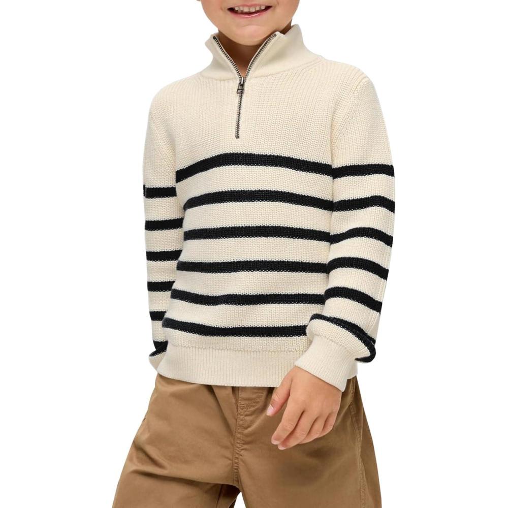 imageHaloumoning Boys Striped Quarter Zip Sweater Kids Fashion Long Sleeve Knit Pullover Sweaters Tops 514 YearsApricot