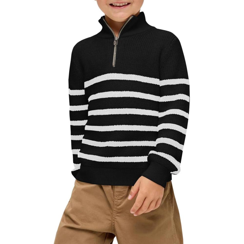imageHaloumoning Boys Striped Quarter Zip Sweater Kids Fashion Long Sleeve Knit Pullover Sweaters Tops 514 YearsBlack