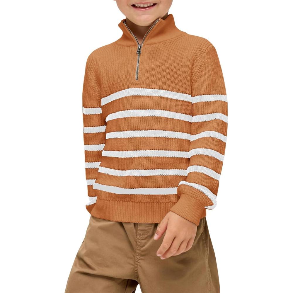 imageHaloumoning Boys Striped Quarter Zip Sweater Kids Fashion Long Sleeve Knit Pullover Sweaters Tops 514 YearsBrown