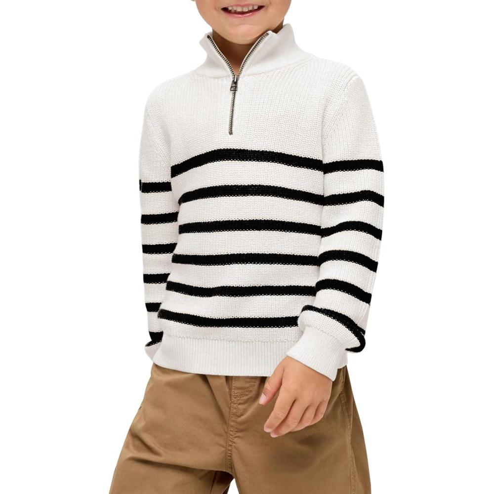 imageHaloumoning Boys Striped Quarter Zip Sweater Kids Fashion Long Sleeve Knit Pullover Sweaters Tops 514 YearsWhite