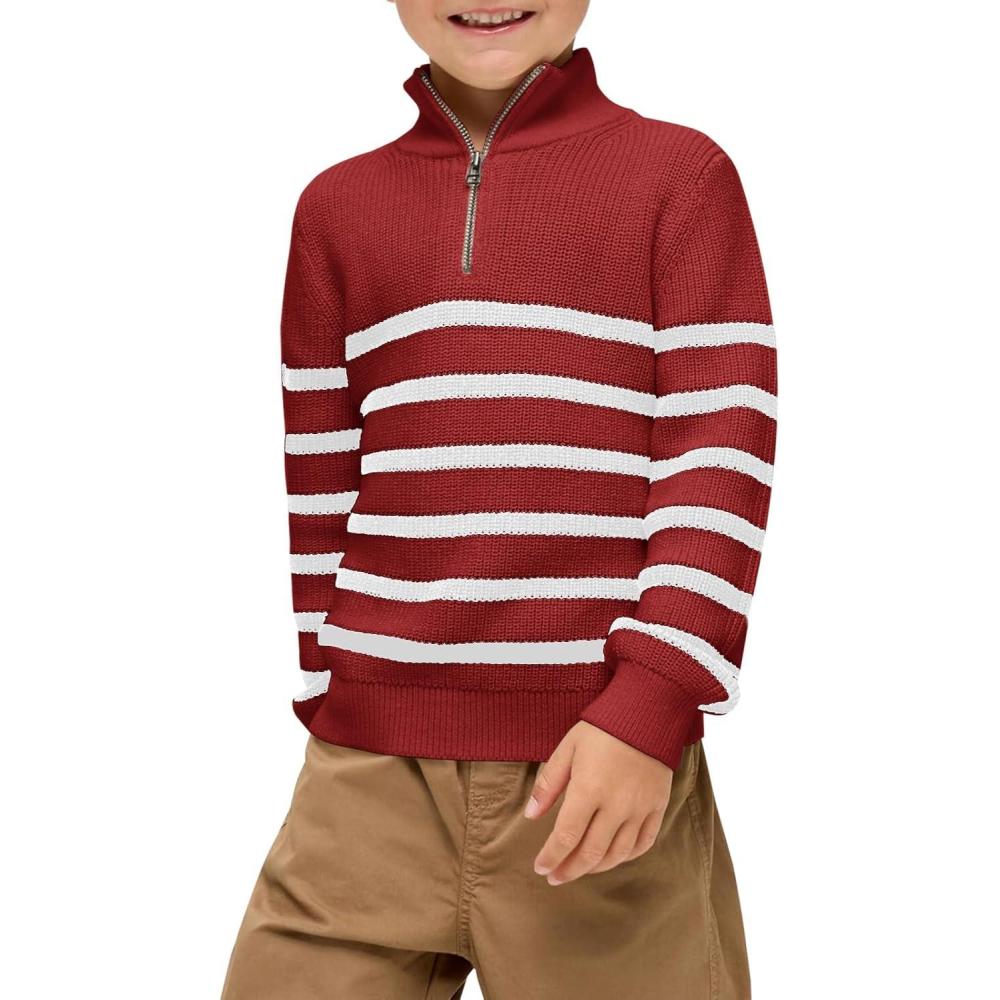 imageHaloumoning Boys Striped Quarter Zip Sweater Kids Fashion Long Sleeve Knit Pullover Sweaters Tops 514 YearsWine Red