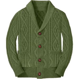 Boy’s Sweater Cardigan Button Down Shawl Collar Cable Knitted Outwear Long Sleeve Sweater Coats with Pockets(Army Green)