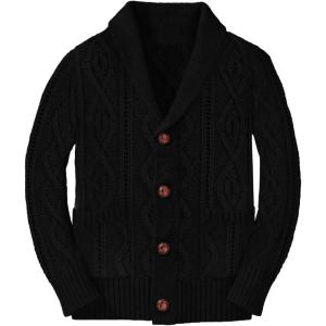 Boy’s Sweater Cardigan Button Down Shawl Collar Cable Knitted Outwear Long Sleeve Sweater Coats with Pockets(Black)
