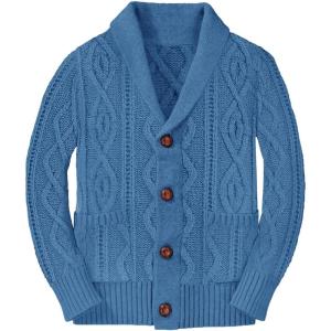 Boy’s Sweater Cardigan Button Down Shawl Collar Cable Knitted Outwear Long Sleeve Sweater Coats with Pockets(Blue)