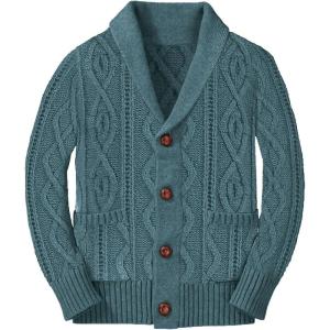 Boy’s Sweater Cardigan Button Down Shawl Collar Cable Knitted Outwear Long Sleeve Sweater Coats with Pockets(Bluish Gray)