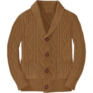 Boy’s Sweater Cardigan Button Down Shawl Collar Cable Knitted Outwear Long Sleeve Sweater Coats with Pockets(Brown)