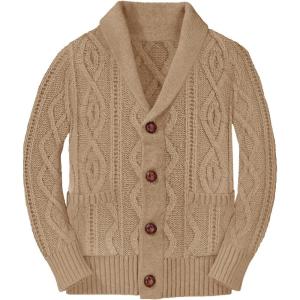 Boy’s Sweater Cardigan Button Down Shawl Collar Cable Knitted Outwear Long Sleeve Sweater Coats with Pockets(Camel)