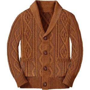 Boy’s Sweater Cardigan Button Down Shawl Collar Cable Knitted Outwear Long Sleeve Sweater Coats with Pockets(Coffee)