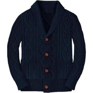 Boy’s Sweater Cardigan Button Down Shawl Collar Cable Knitted Outwear Long Sleeve Sweater Coats with Pockets(Dark Blue)