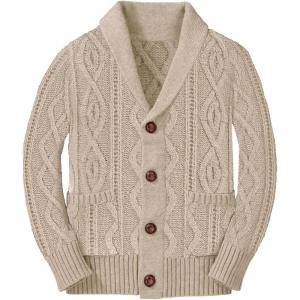 Boy’s Sweater Cardigan Button Down Shawl Collar Cable Knitted Outwear Long Sleeve Sweater Coats with Pockets(Khaki)