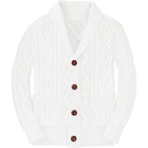 Boy’s Sweater Cardigan Button Down Shawl Collar Cable Knitted Outwear Long Sleeve Sweater Coats with Pockets(White)