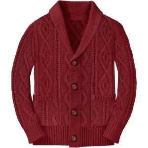 Boy’s Sweater Cardigan Button Down Shawl Collar Cable Knitted Outwear Long Sleeve Sweater Coats with Pockets(Wine Red)