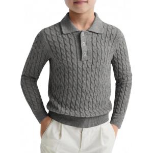 Haloumoning Boys Cable Knit Polo Shirt Kids Long Sleeve Sweater Fall Fashion Clothes 5-14 Years(Grey)