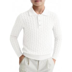Haloumoning Boys Cable Knit Polo Shirt Kids Long Sleeve Sweater Fall Fashion Clothes 5-14 Years(White)