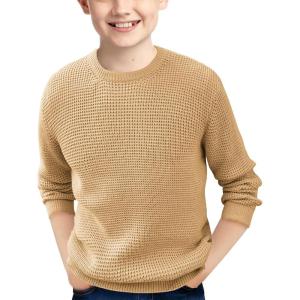 Haloumoning Boys Casual Pullover Sweaters Kids Chunky Crewneck Waffle Knit Jumper Tops 4-14 Years(Khaki)