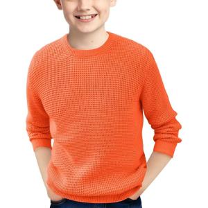 Haloumoning Boys Casual Pullover Sweaters Kids Chunky Crewneck Waffle Knit Jumper Tops 4-14 Years(Orange-1)