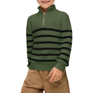 Haloumoning Boys Striped Quarter Zip Sweater Kids Fashion Long Sleeve Knit Pullover Sweaters Tops 5-14 Years(Army Green)