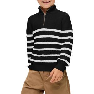 Haloumoning Boys Striped Quarter Zip Sweater Kids Fashion Long Sleeve Knit Pullover Sweaters Tops 5-14 Years(Black)