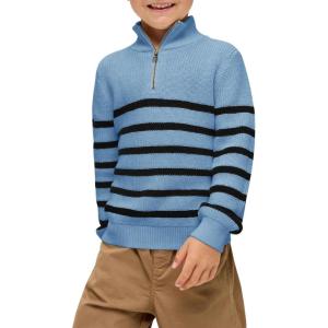 Haloumoning Boys Striped Quarter Zip Sweater Kids Fashion Long Sleeve Knit Pullover Sweaters Tops 5-14 Years(Blue)