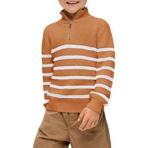 Haloumoning Boys Striped Quarter Zip Sweater Kids Fashion Long Sleeve Knit Pullover Sweaters Tops 5-14 Years(Brown)