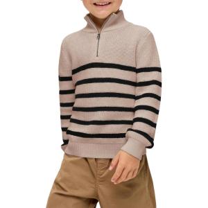 Haloumoning Boys Striped Quarter Zip Sweater Kids Fashion Long Sleeve Knit Pullover Sweaters Tops 5-14 Years(Khaki)