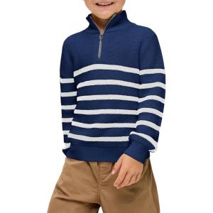 Haloumoning Boys Striped Quarter Zip Sweater Kids Fashion Long Sleeve Knit Pullover Sweaters Tops 5-14 Years(Navy Blue)