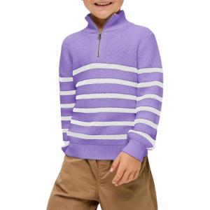Haloumoning Boys Striped Quarter Zip Sweater Kids Fashion Long Sleeve Knit Pullover Sweaters Tops 5-14 Years(Purple)