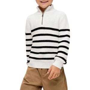 Haloumoning Boys Striped Quarter Zip Sweater Kids Fashion Long Sleeve Knit Pullover Sweaters Tops 5-14 Years(White)