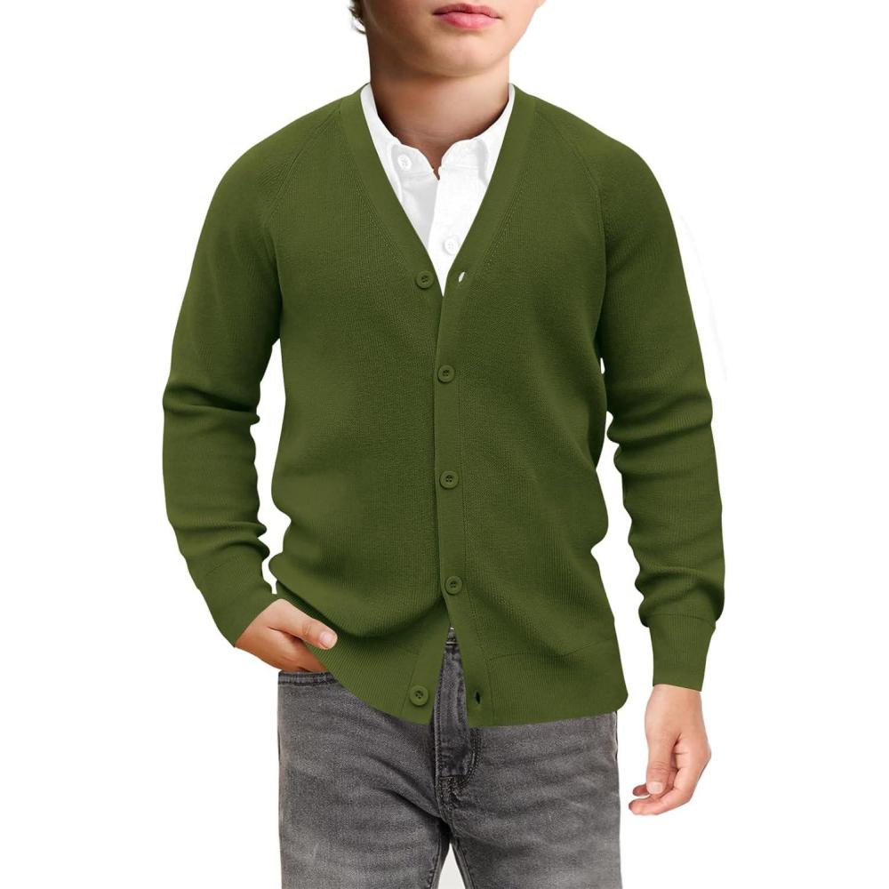 imageHaloumoning Boys Cardigan Sweater Kids Casual V Neck Button Down Uniform Sweaters 514 YearsArmy Green