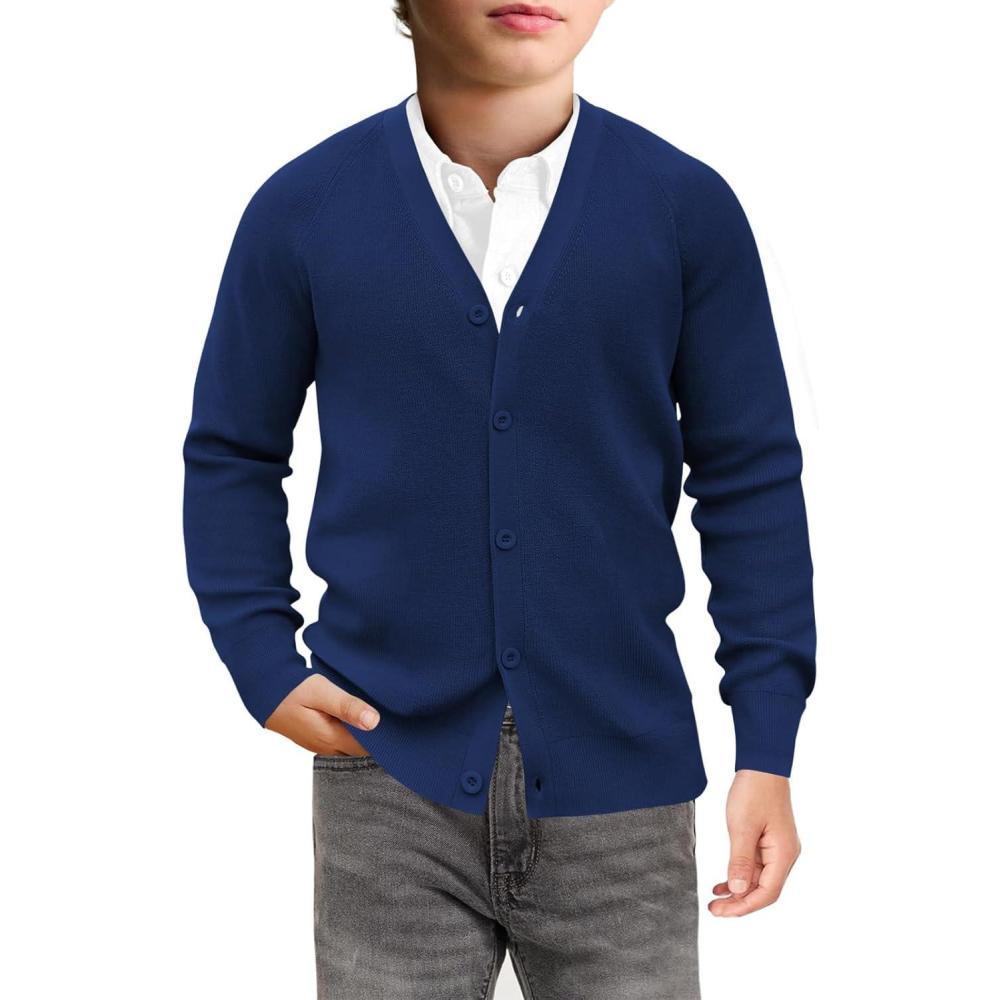 imageHaloumoning Boys Cardigan Sweater Kids Casual V Neck Button Down Uniform Sweaters 514 YearsNavy Blue