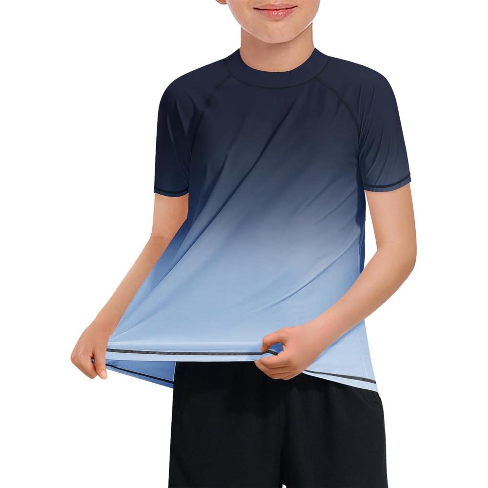 imageHaloumoning Boys Gradient Rash Guard Swim Shirt Short Sleeve UPF 50 Sun Shirts for Kids Rashguard Water ShirtsBlack