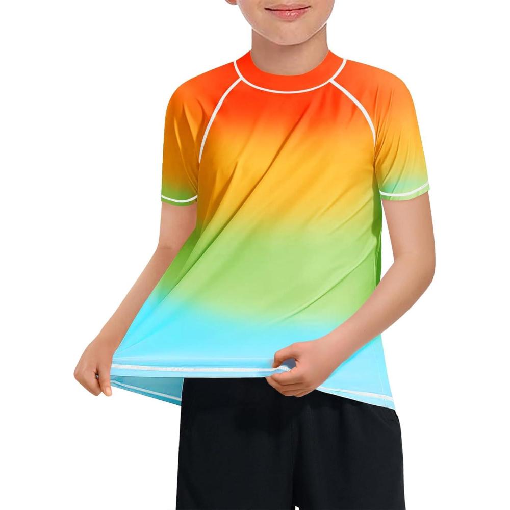 imageHaloumoning Boys Gradient Rash Guard Swim Shirt Short Sleeve UPF 50 Sun Shirts for Kids Rashguard Water ShirtsOrange