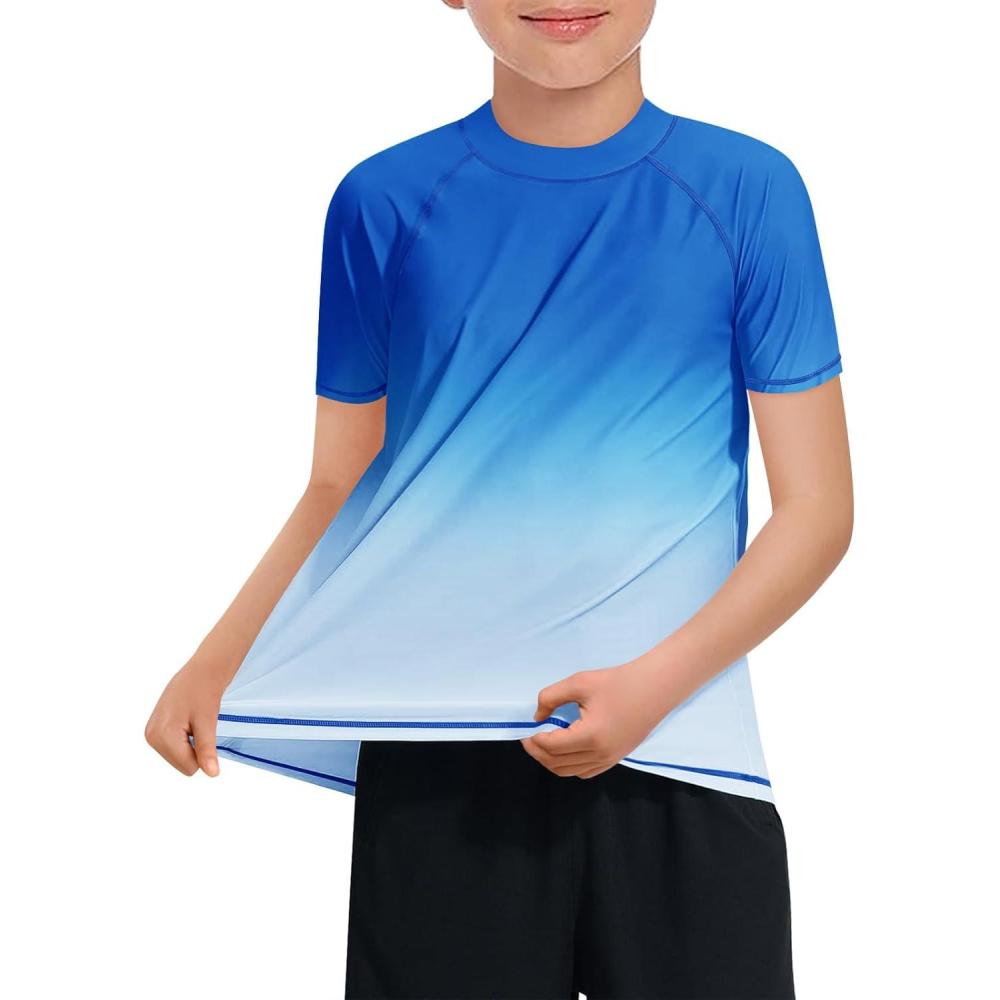 imageHaloumoning Boys Gradient Rash Guard Swim Shirt Short Sleeve UPF 50 Sun Shirts for Kids Rashguard Water ShirtsRoyal Blue