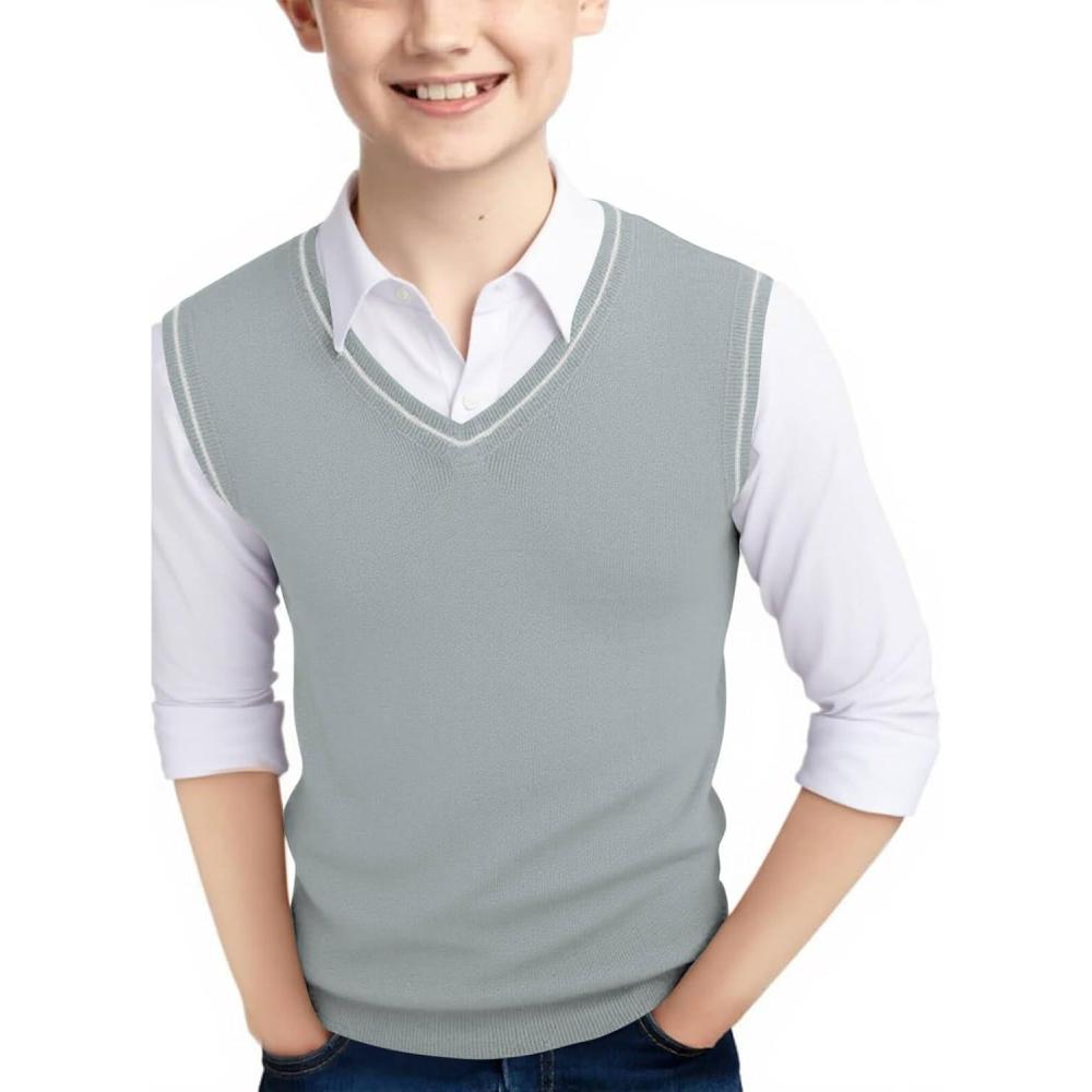imageHaloumoning Boys Sweater Vest Kids Uniform Vest Casual V Neck Knit Pullover Sweater 514YGrey