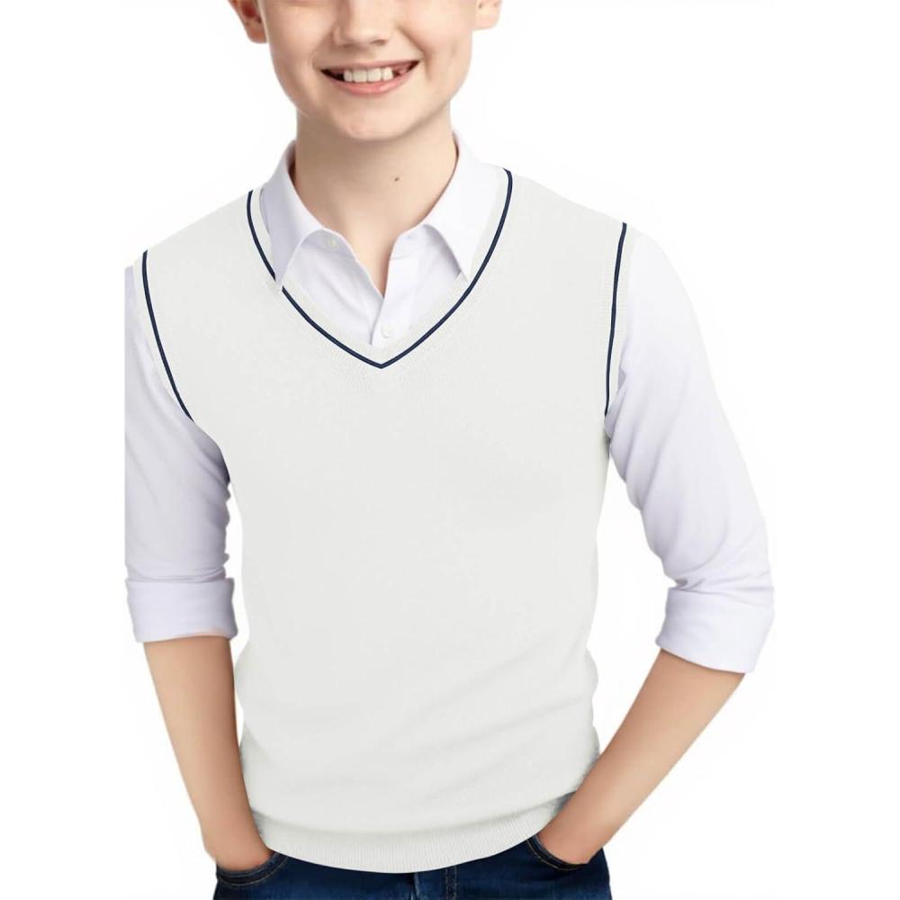 imageHaloumoning Boys Sweater Vest Kids Uniform Vest Casual V Neck Knit Pullover Sweater 514YWhite
